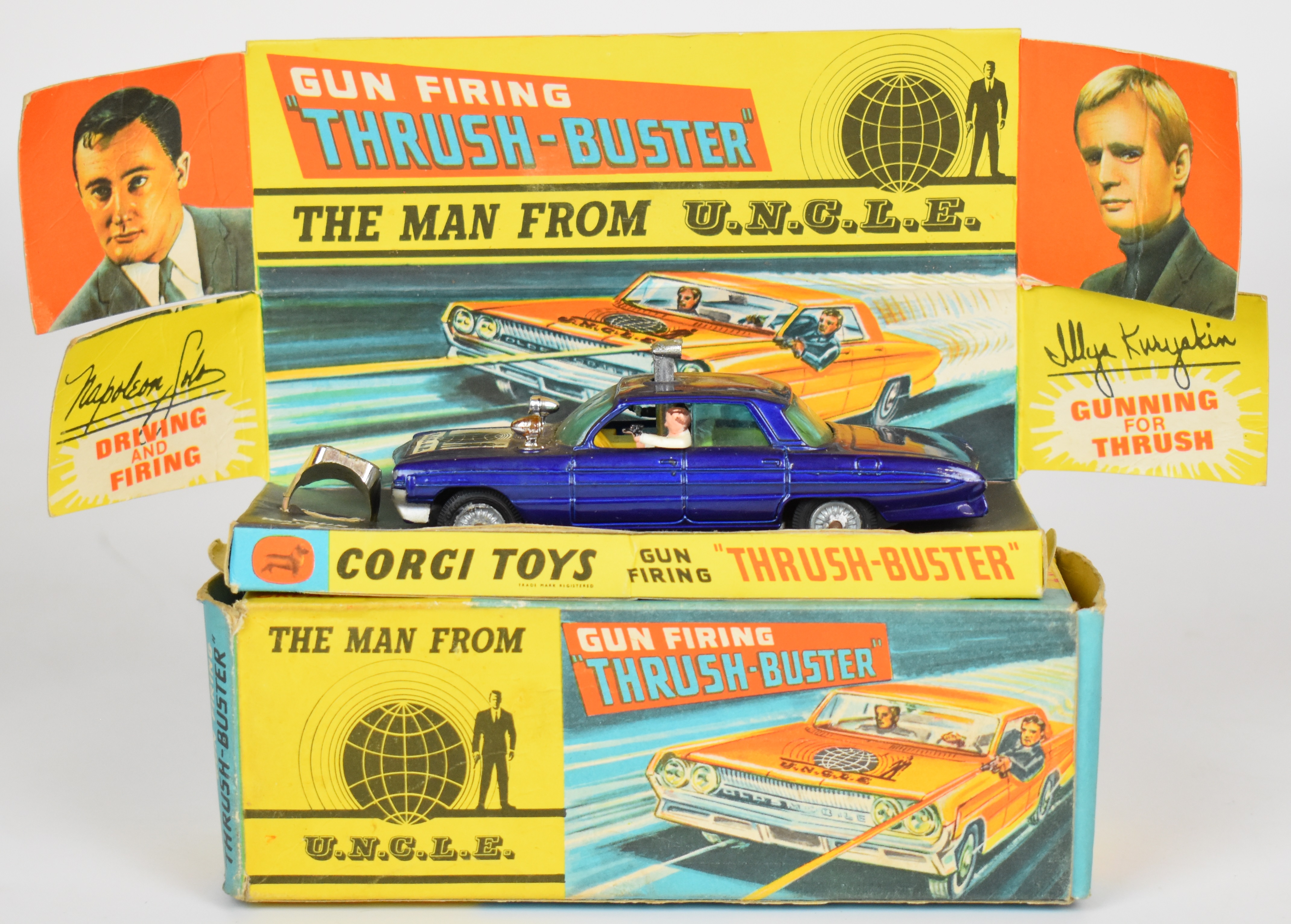 Corgi Toys diecast model The Man From UNCLE Gun Firing 'Thrush Buster' with purple body, lemon