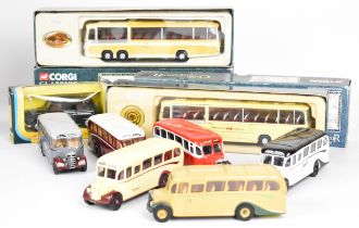 Nine Corgi diecast model buses and coaches to include Bedford Val Smiths Tours 35304 and Bedford Val