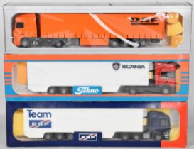 Three Tekno 1:50 scale diecast model haulage vehicles comprising Scania, ERF and DAF models, all