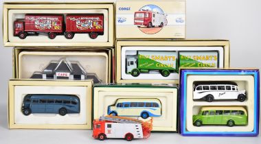 Eight Corgi diecast model trucks and buses including Commercials, Café Connections and Island
