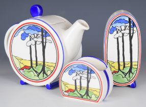 Wedgwood Clarice Cliff teapot, sucrier and sugar sifter, tallest 13cm