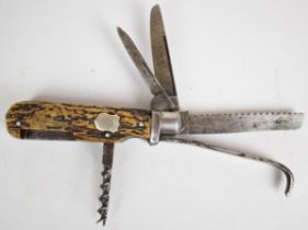 George Wolstenholm, Sheffield I.XL coachman's pocket knife with seven blades / attachments, stag