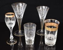 Five pieces of Moser glassware including three Maharani pattern drinking glasses with engraved