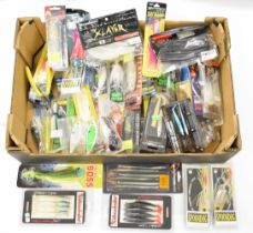 Approximately 50 sea / pike fishing lures, soft plastics, jigs etc including Spoondog, Savage,