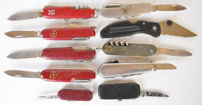 Ten pocket / folding knives including five 'Swiss Army' style examples, longest blade 6.5cm.