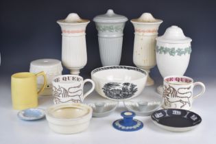 Wedgwood Queensware tall covered stands, chamber sticks, Jasperware pedestal dish in the Lugano