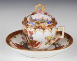 Meissen 19thC chocolate cup, cover and saucer decorated with harbour scenes, height 7.5cm