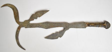 African throwing knife with skin covered grip, crudely decorated blades, overall length 45cm. PLEASE