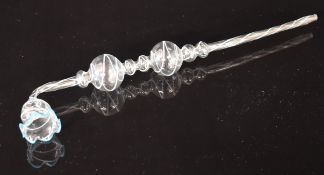 Nailsea style glass pipe with twist stem and applied blue glass rim, 29cm long.