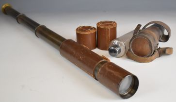 Broadhurst and Clarkson three draw telescope together with a leather cased glass hunting flask