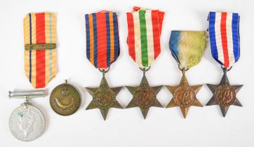 Five WW2 medals comprising France & Germany Star, Italy Star, Burma Star, Atlantic Star, Indian