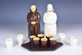 Beswick two figural friar liqueur sets with decanters, small tray and associated tot cups /