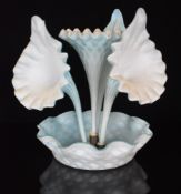 Stourbridge blue quilted satin glass four branch epergne, 31cm tall.