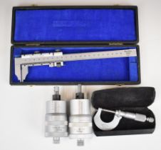 Two Mitutoyo micrometer heads, one 0-2 inch the other 0-25mm, Moore & Wright 0-1 inch micrometer and