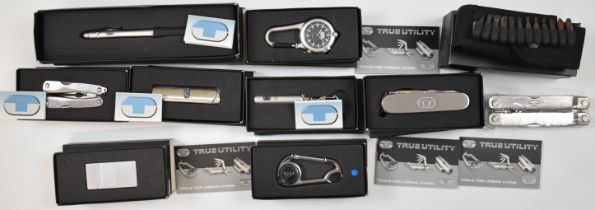 Nine True Utility accessories including multi-tools, knives, carabiner, torch watch etc.