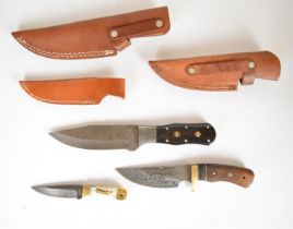 Three various knives, all with Damascus steel blades, horn or wood handles and leather sheaths,