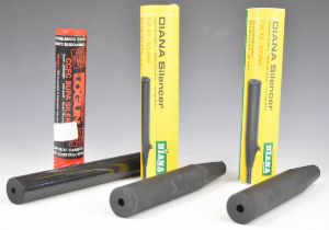 Three air rifle sound moderators comprising two Diana and one Logun, all in original tubes.