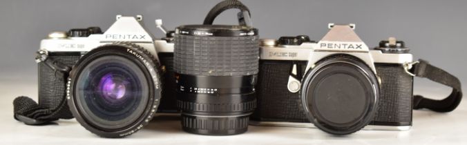 Two Pentax ME super 35mm SLR cameras, with 1:1.7 50mm, 1:1.5-4.5 28-80mm and Sigma 1:2.8-4 f=35-70mm