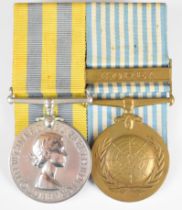 British Army Korean War Medal pair comprising Korean Medal naming extremely faint but 197 Pte