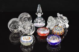 Ten various glass paperweights including Peter McDougal, Strathearn, Dartington, J G Durand frog and