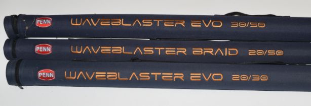 Three Penn Waveblaster Evo and Braid sea fishing rods, 20/30, 20/50 and 30/50, all with hard cases