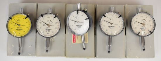 Five Mercer engineering dial test indicators, comprising types 210-1, 250-1 and 240-1, in original