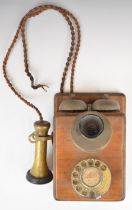 Vintage wall mounted wood and brass telephone, marked to rear GPO 41 FHR 53/1