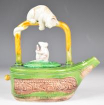 Majolica figural cat and mouse teapot with lozenge mark to base, height 18cm