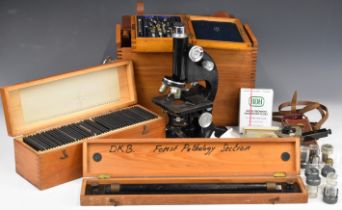 Beck London Model 29 microscope in carry case, height 37cm, John Hall Swansea cased drawing set,