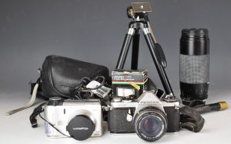 Pentax ME 35mm SLR camera with 1:1.7 50mm lens, Miranda 75-300mm 1:4.5-5.6, Olympus C-740 digital