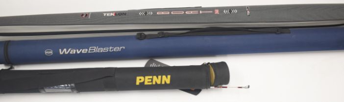 Three sea fishing rods comprising Penn Waveblaster Boar 7'4" 30-50lb, Power Stix Giller Thriller 8'