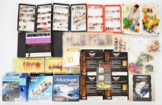 Fly fishing lines, flies and boxes including wet and dry flies, nymphs etc