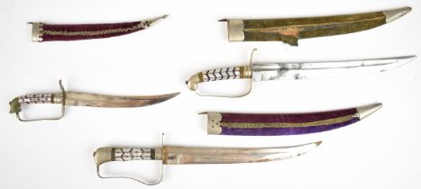 Three copy Indian pattern miniature swords, all with sheaths, longest blade 26cm. PLEASE NOTE ALL