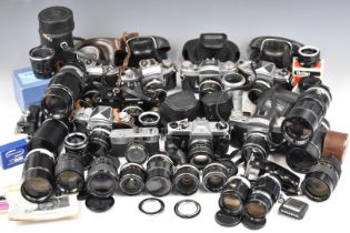 Miranda and Pentax 35mm SLR cameras and lenses comprising RE-II with 1:1.8 50mm lens, two Miranda