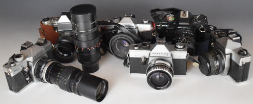 Six Praktica 35mm SLR cameras comprising BX20 with 1:3.5-4.5 f=35-70mm, PLC 2 with Paragon 1:4.5