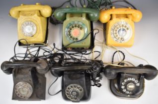Six vintage and retro telephones including Bell RTT 56, green GPO 706 and a black Bakelite 332L