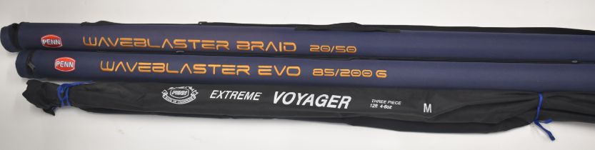 Three Penn sea fishing rods comprising Extreme Voyager 12' 4-6oz, Waveblaster Evo 85/200g and Briand
