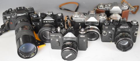 Six Zenit 35mm SLR cameras comprising EM Olympic example with Takumar 1:1.8/55 lens, 3M with