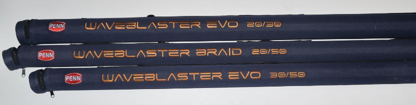 Three Penn Waveblaster Evo and Braid sea fishing rods, 20/30, 20/50 and 30/50, all with hard cases