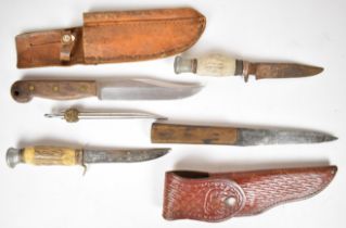 Five hunting / skinning knives including Nowill Master Mariner with leather sheath and spike,