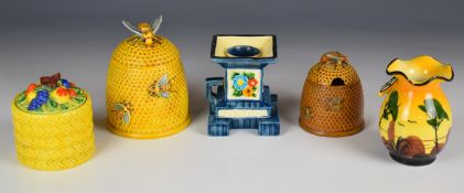 Japanese preserve / honey pots, vase and candlesticks including Marutomo ware, tallest 12cm