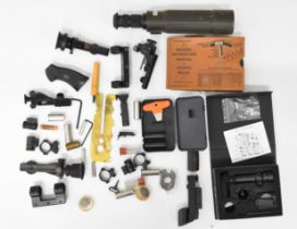 A collection of gun and rifle sights, parts and accessories including PAO Airgunner's Laser Sight in
