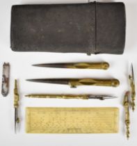Georgian shagreen cased drawing set, with brass and steel compasses, dividers, attachments and ivory