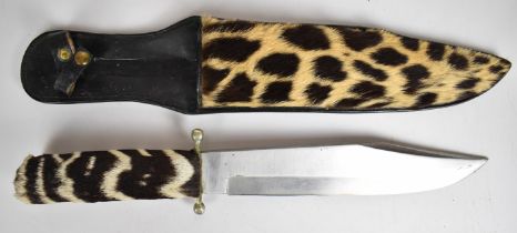 Kaufmann 5 'Bowie' knife with 25cm blade, skin covered grip and part covered leather sheath.