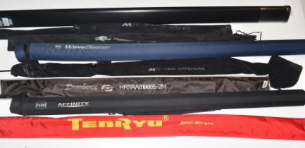 Collection of sea fishing / spinning rods including Challenger Bass Buster 8' 2" Penn Affinity AF802