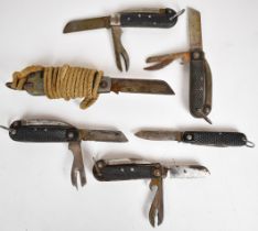 Six clasp / pocket knives including ABL (Armée Belge Legere) 1951 Colin Winand, Nowill Sheffield and