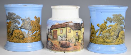 Prattware pot decorated with fisherwomen and two cache pots, tallest 12cm