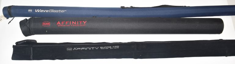 Three sea fishing rods comprising Penn Affinity four piece Surf 16ft 4-8oz with hard case,