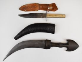 Jambiya dagger with wooden handle, 23cm curved blade and scabbard, together with a Whitby Bowie