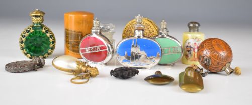 Collection of scent / perfume bottles including carved nut, Mauchline ware case for Mostyn